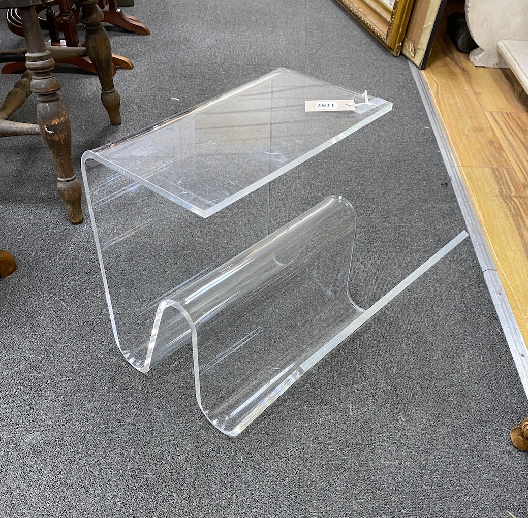 A 1970s contemporary Plexiglas side table/magazine rack, width 38cm, depth 39cm, height 39cm